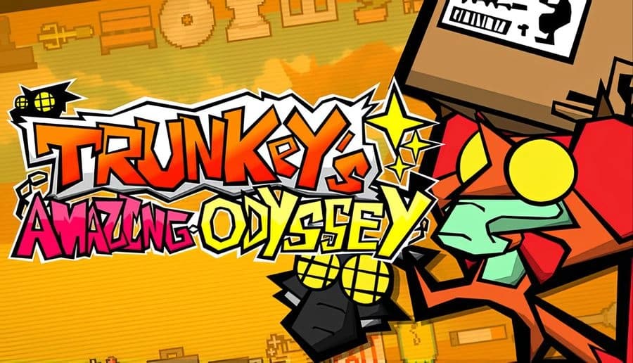 Trunkey’s Amazing Odyssey: Cartoon red robot with yellow eyes beside bold title on orange background with icons.