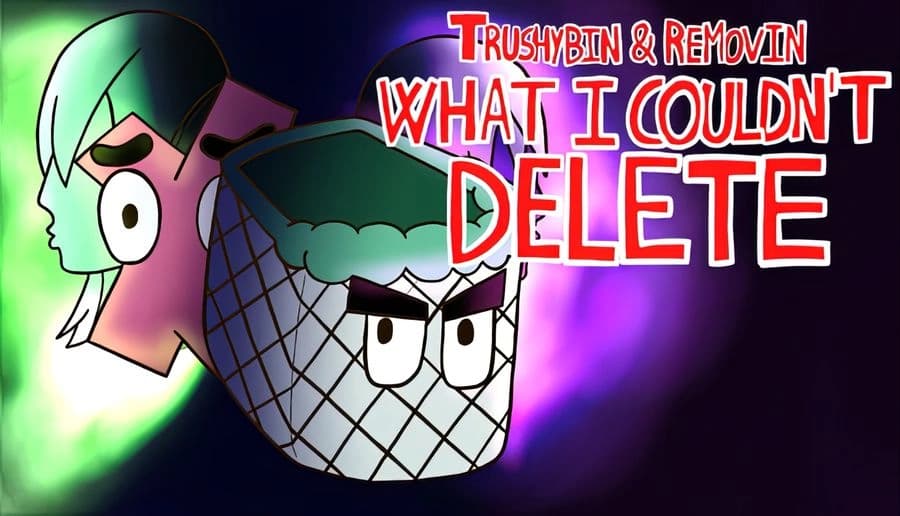 Trushybin & Removin: Two cartoon faces, a green-haired girl and angry trash bin, float against a glowing neon background.