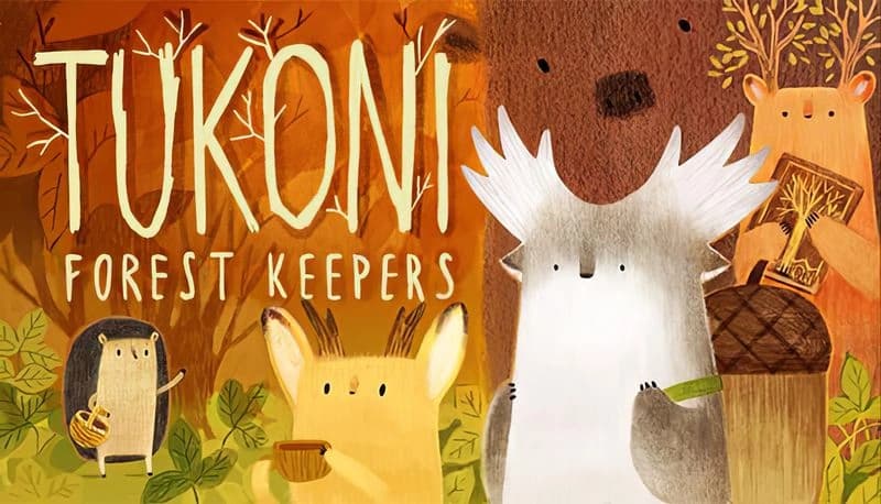 Tukoni: Forest creatures sipping tea and holding books amidst trees, featuring a moose, hedgehog, and bear in a cozy setting.