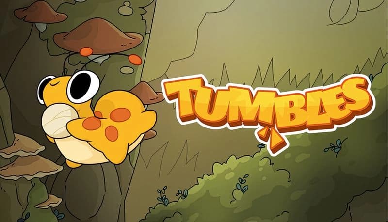Tumbles: Yellow creature clings to a cliff among oversized mushrooms and leafy vines in a lush, fantastical forest setting.