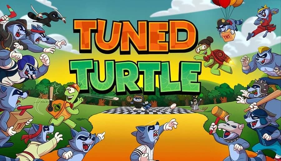 Tuned Turtle: Green turtle hero and blue rabbits race and fight on grassy track with checkered finish and hills.