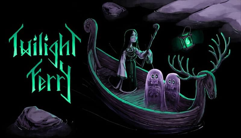 Twilight Ferry: A young woman guides a boat carrying two glowing ghostly creatures on dark waters, illuminated by a lantern.