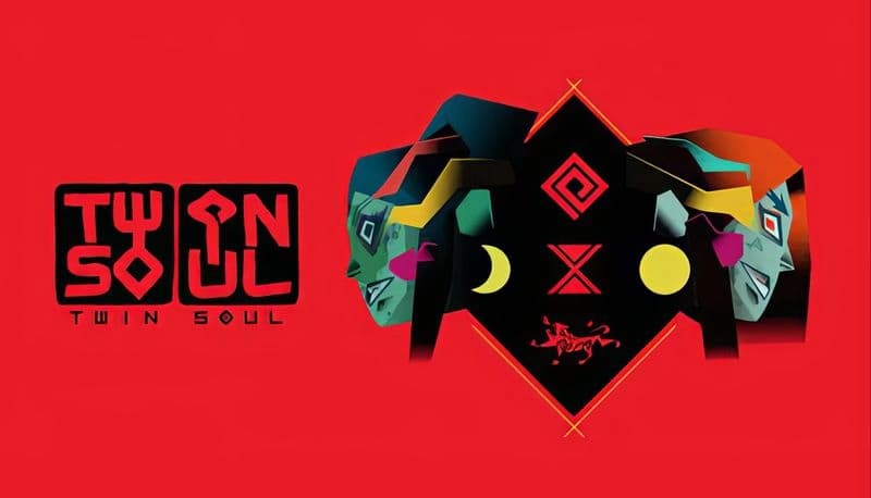 Twin Soul Demo: Two colorful abstract faces with geometric patterns on red, flanking symbols of moon and diamond shapes.