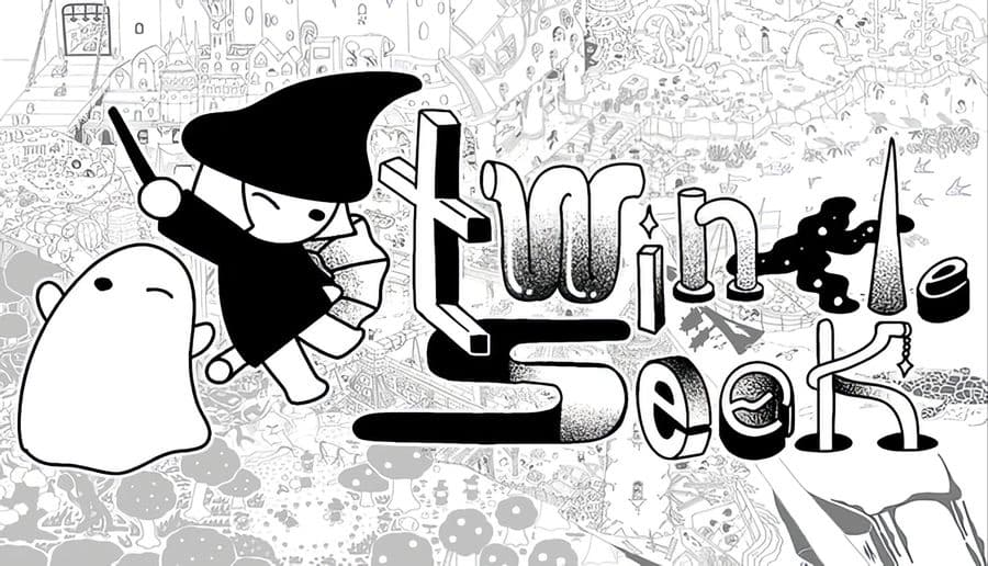 Twinkle Seek: witch girl waving a wand beside a cute ghost, bold title lettering over a busy city map background.