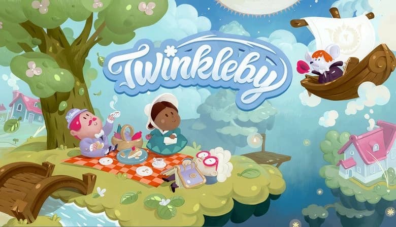 A young man and a woman enjoy a picnic on a floating island under a leafy tree, while a mouse in a flying boat sails nearby.