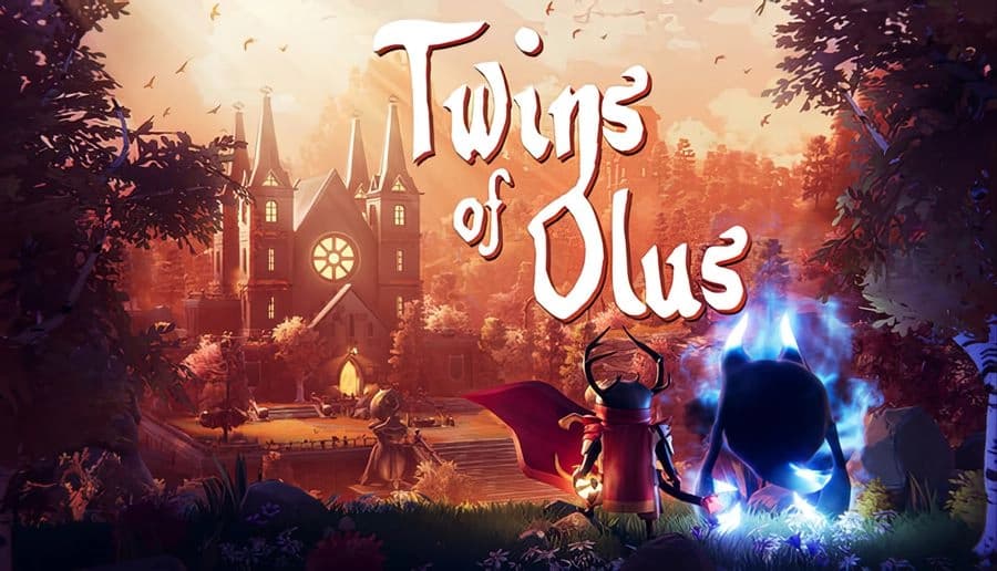Twins of Olus: Two figures, one glowing blue, stand before a gothic church in a lush, otherworldly landscape at sunset.