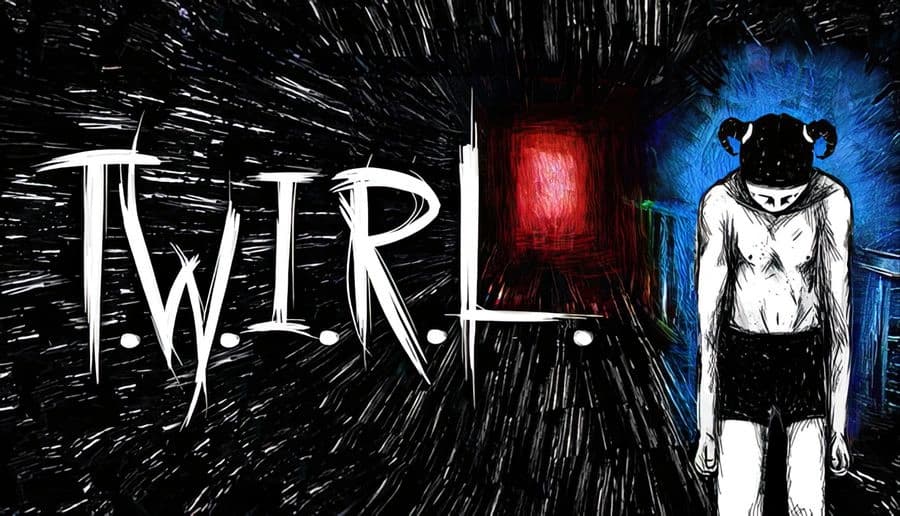 T.W.I.R.L.: Young girl with pigtails hangs her head in a hallway, red light glowing in dark, scribbled room.