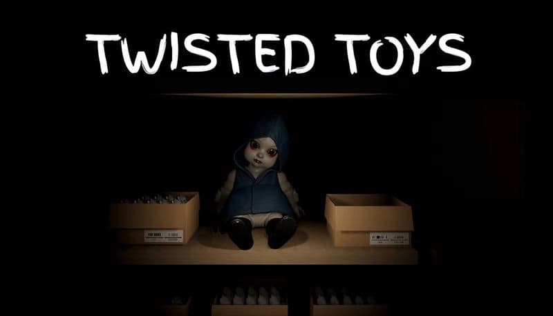Twisted Toys: Creepy doll with blue hooded jacket sits between boxes on dark shelf, spotlight creating stark contrast around it.
