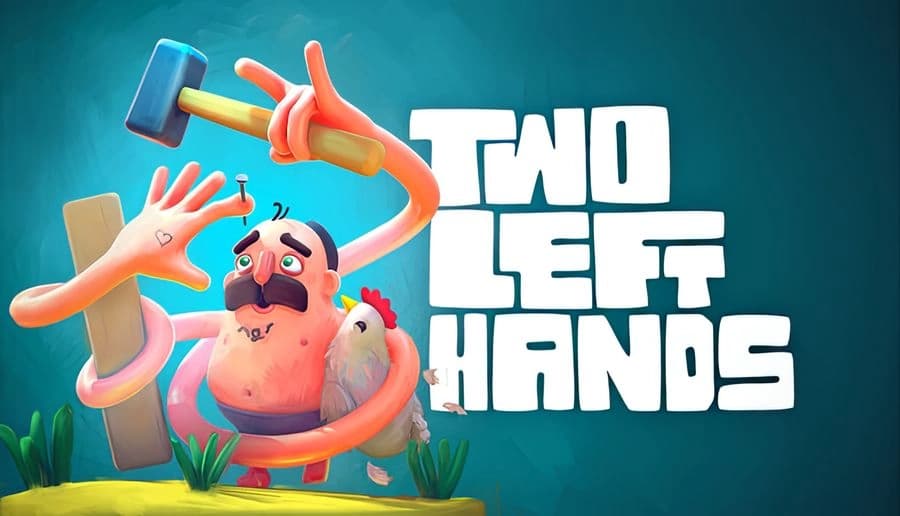 Two Left Hands: mustached handyman holds a chicken between two oversized hands holding planks and hammer on blue backdrop.