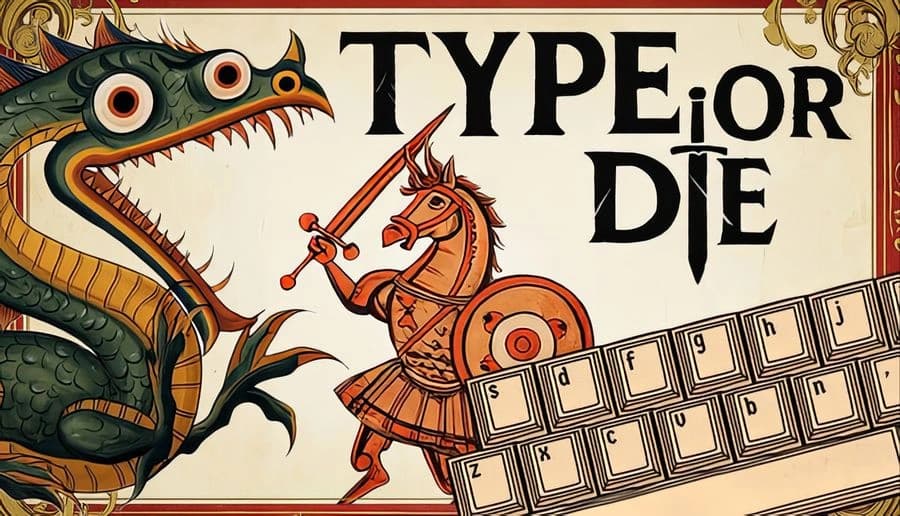 Type or Die: Armored horse warrior with sword and shield faces green dragon beside a tilted keyboard on parchment.