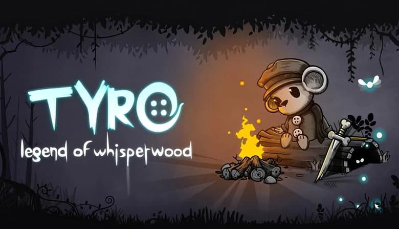 Tyro: A mouse in a cap sits by a campfire in a dark forest, with a sword and shield resting nearby, glowing blue fireflies.