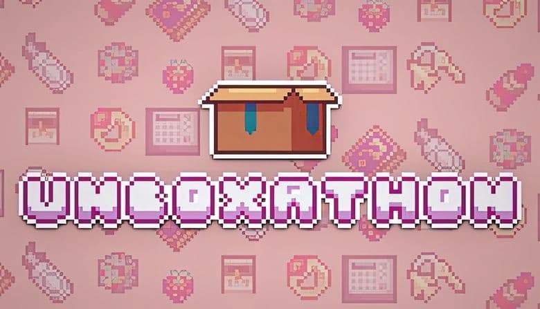 Unboxathon: Pixelated mystery box on pink backdrop with various icons like strawberries and bubble wrap surrounding it.