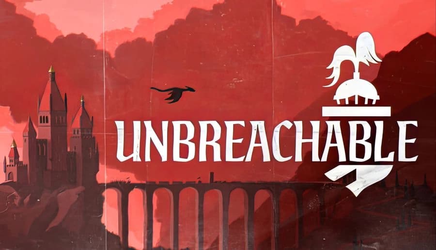 Unbreachable: White knight emblem above bold title, crow flying over arched bridge with castle towers against red sky.