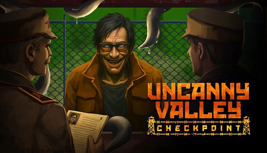 Uncanny Valley: smiling man in orange jacket talks to uniformed guard holding clipboard at fenced checkpoint booth.