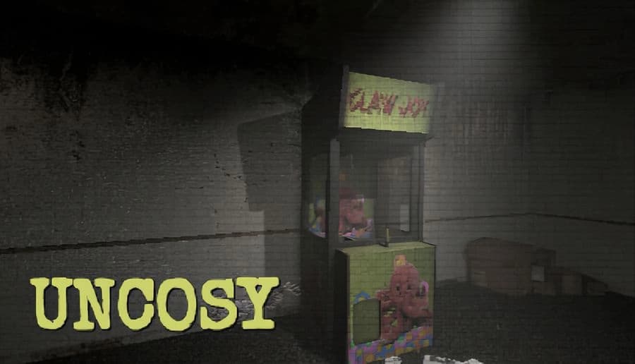 Uncosy: Dim hallway with worn wallpaper and a glass arcade claw machine full of pink plush toys beside boxes.