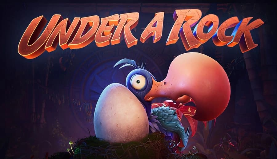 Under a Rock: Big-eyed dodo-like bird hatches from speckled egg, beak open in dark cave with vines and rocks.