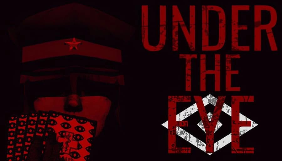 Under the Eye: Shadowed officer in peaked cap holds playing cards beside large red title on black background.