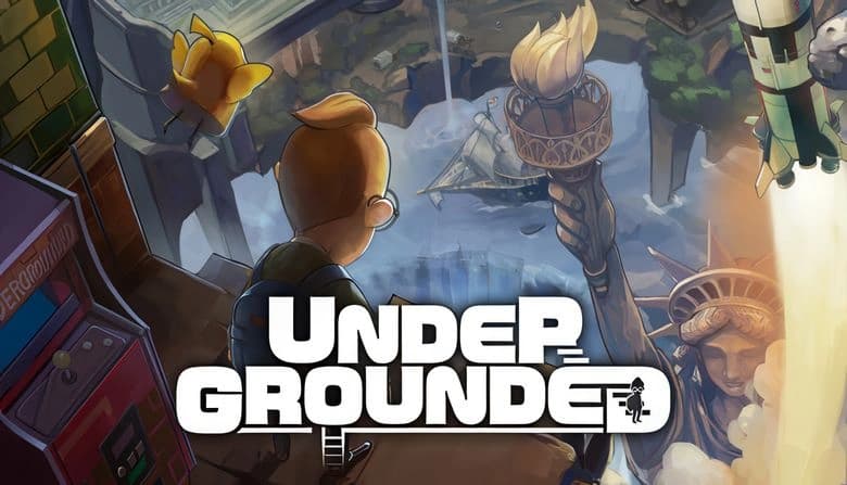 A young man with short hair and glasses gazes down into a vast underground world filled with historical artifacts and ruins.