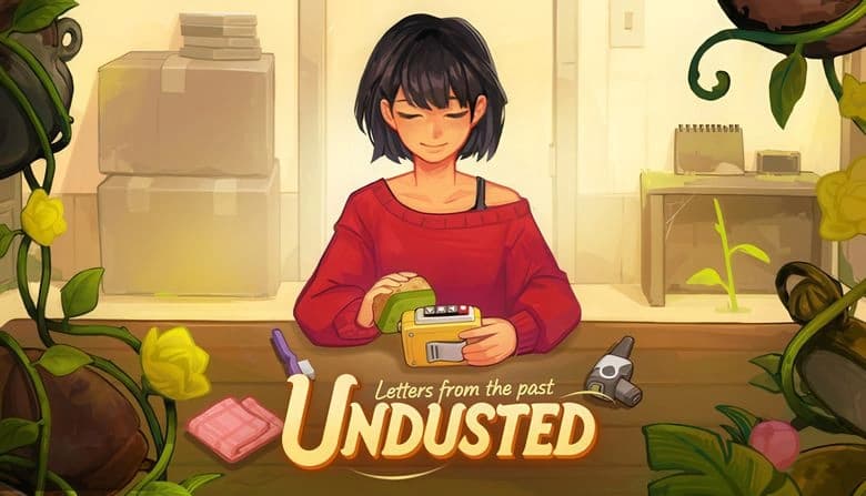 Young woman in a red sweater cleans a small yellow device at a cluttered table, surrounded by boxes and green plants.