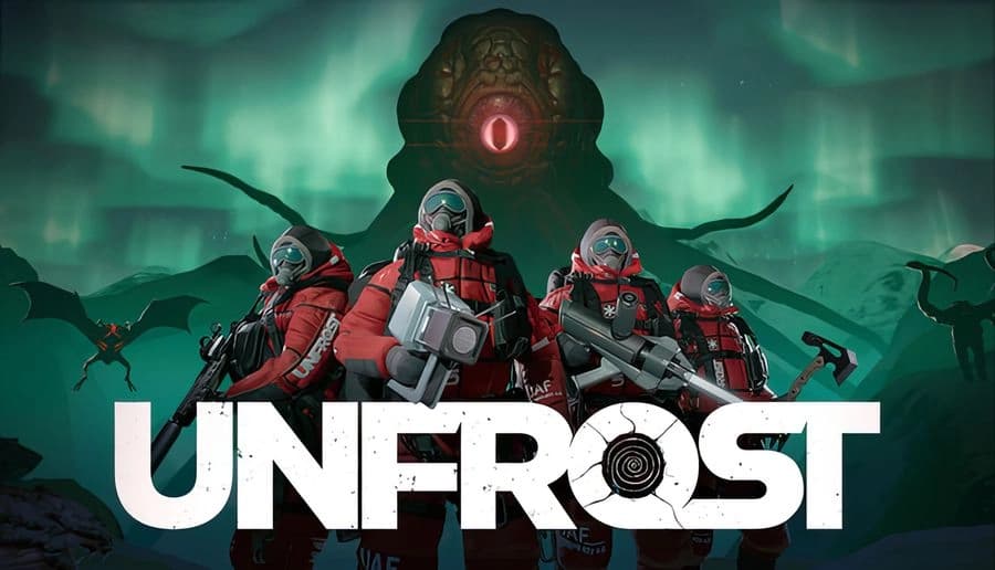UNFROST: Four soldiers in red parkas and helmets aim rifles at shadow creatures under green aurora, icy wasteland.