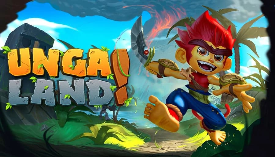 UNGALAND!: Energetic boy with red hair leaps wielding a boomerang in lush jungle, ocean and stone ruins in background.