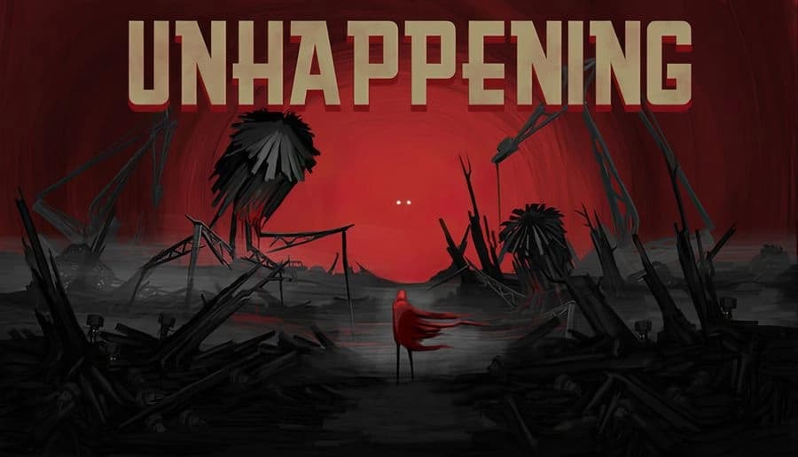 Unhappening: small red-cloaked figure faces two giant shadow creatures in a ruined landscape under a red sky.