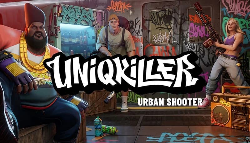 UniqKiller: Three characters with street style, two holding weapons, in a graffiti-covered urban alley with vibrant colors.