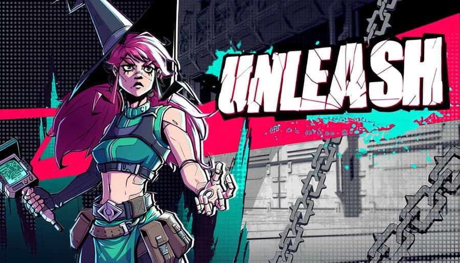Unleash: pink-haired young woman in sci-fi armor reaching forward beside bold title on gritty neon techno backdrop.