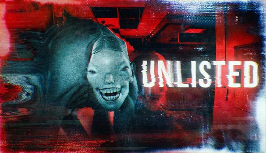 Unlisted: grinning pale girl with wide eyes and sharp teeth in glitchy red-blue VHS static close-up background.