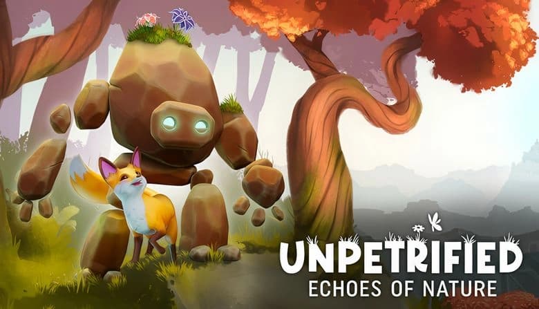 A stone Golem with glowing eyes and small flowers on its head stands beside a friendly vibrant fox in a lush, forest setting.