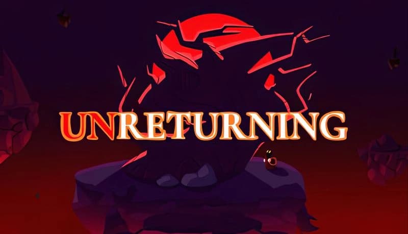 UNRETURNING: Abstract red and black shattered landscape with floating debris; small figure in red with glowing yellow eyes.