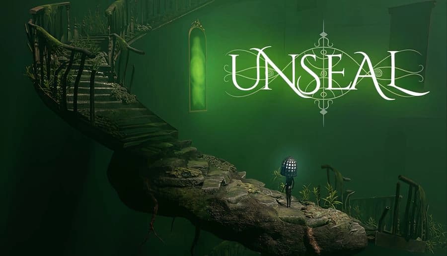 Unseal: Small lantern-headed figure walks along a broken stone bridge toward a glowing green door in foggy ruins.