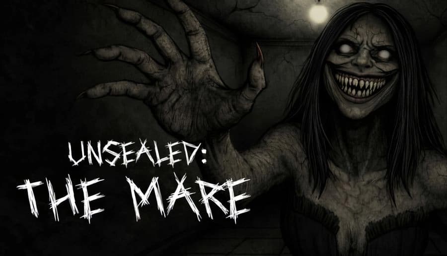 Unsealed: Grinning creature with sharp claws reaching forward in dimly lit hallway, eerie presence fills the darkened space.