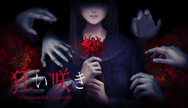 Unseasonable Flowering: pale woman holding red spider lily, shadowy hands reaching around her on black background.