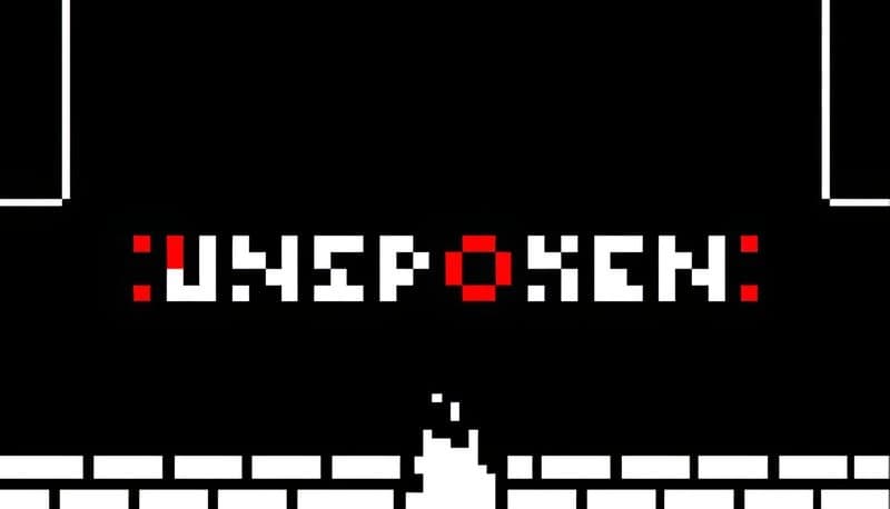 Unspoken: Pixelated white flame on dark backdrop with tiled floor, two walls above, pixel font logo centered between walls.