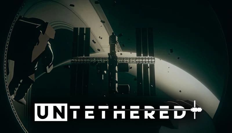 Untethered: Spaceman near shuttle window, large space station silhouetted against planet, debris floats in zero-gravity.