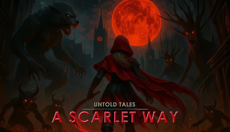 Untold Tales: Scarlet faces werewolves under blood moon in dark Victorian city, surrounded by shadowy creatures and spires.