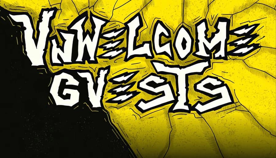 Unwelcome Guests: jagged white graffiti-style title letters on cracked yellow wall background with black ink lines.