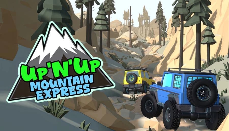 Up'N'Up: Blue off-road truck leads a yellow utility vehicle on a rocky mountain trail among tall pine trees.