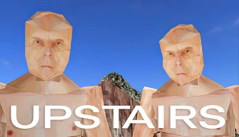 Upstairs: Two polygonal figures with human faces stand against a blue sky, featuring blocky textures and angular shapes.