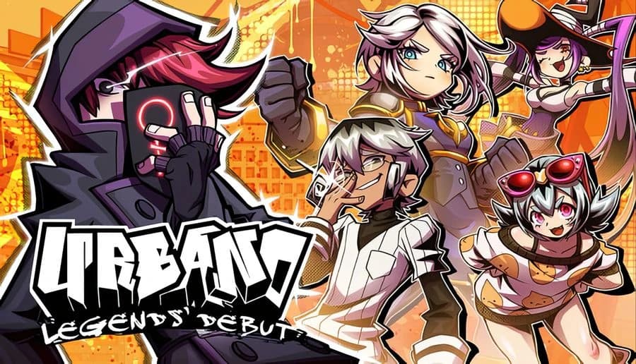 URBANO: Hooded masked man and three young women pose with fists raised against orange city map backdrop.