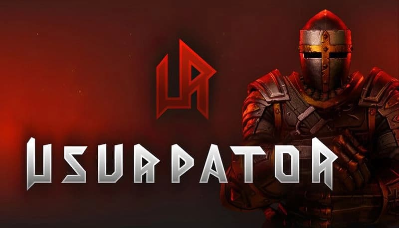 Usurpator: Armored warrior in red-lit space, wearing helmet with cross detail. Thick armor plates and gauntlets visible.