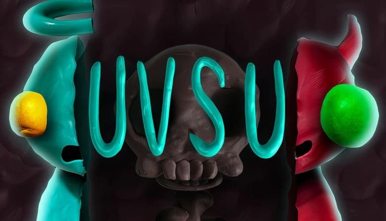 Turquoise angel with halo and red devil with horns face off, glowing eyes. Dark skeleton in center of split clay background.