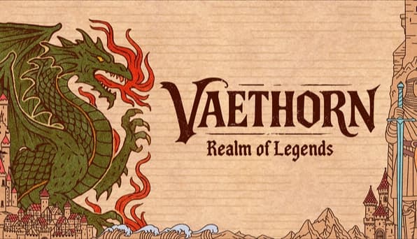 Vaethorn: Green dragon breathing fire over a walled city beside a castle tower on a parchment-style map border.