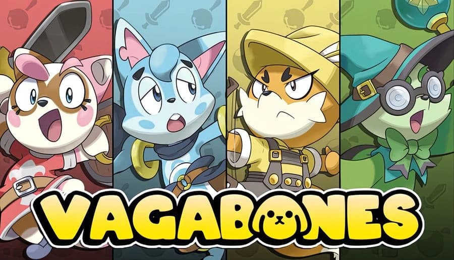 Vagabones: Four cartoon animal heroes glare forward in portrait panels above a bold title on a dark background.