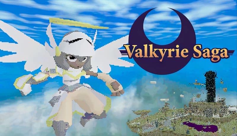 Valkyrie Saga: Young girl with wings glides over sky island, wearing armor and helmet, pixelated style in bright blue sky.
