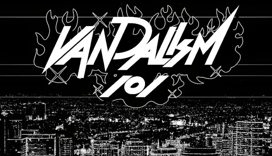 VANDALISM101: White graffiti-style title with flames above and lightning bolt stroke over a black city skyline backdrop.