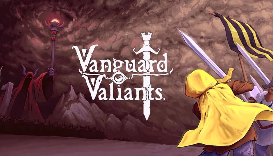 Vanguard Valiants: Yellow-cloaked warrior raises sword and black-yellow banner beside dark cloaked figures under storm clouds.