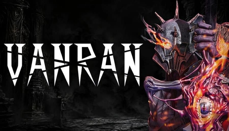 VANRAN: armored demon warrior grips jagged helmet, flames curling around red sword against dark ruined stone backdrop.