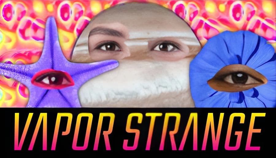 Vapor Strange: Close-up human eyes in a furry dome, flanked by a starfish eye and blue flower eye, neon backdrop.